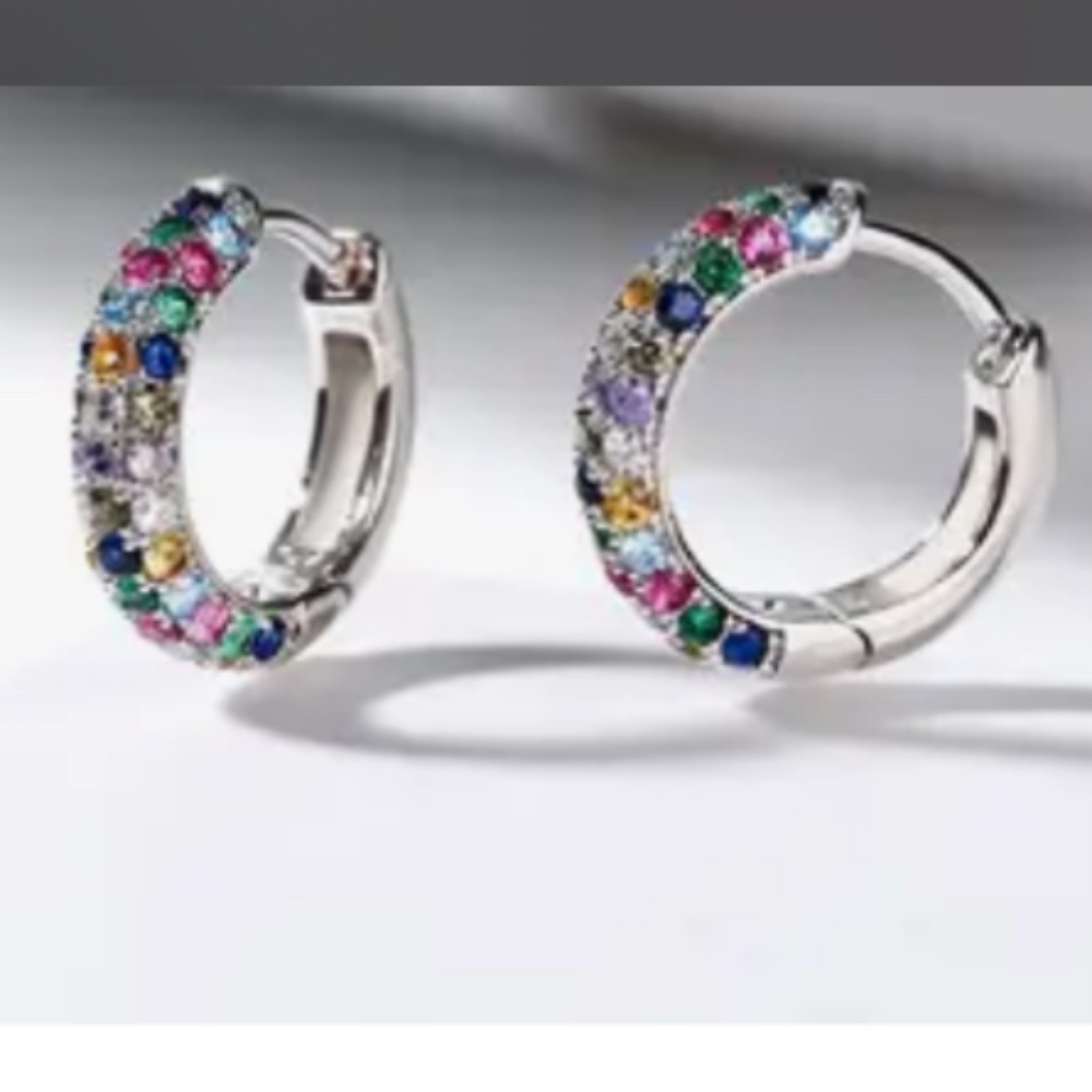 Silver Plated Mini Hoop Earrings Sparkling colorful Zircon Gem - Picture 10 of 10